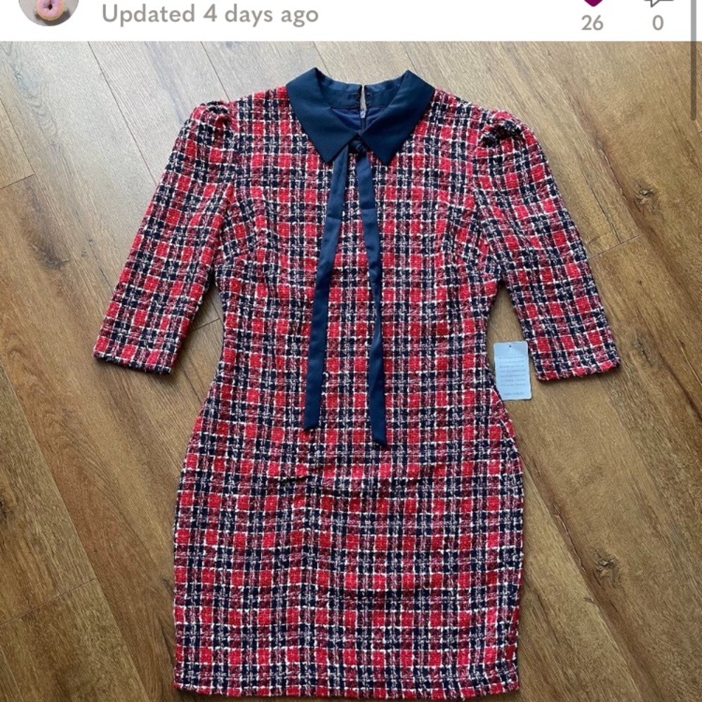 Alexia Admor Dress Womens Sz 14 Red Camilla Collared Sheath Plaid Knit Tweed